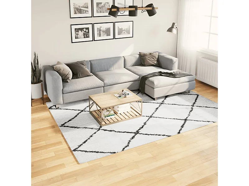 Tapis shaggy à poils longs moderne crème et noir 200x280 cm