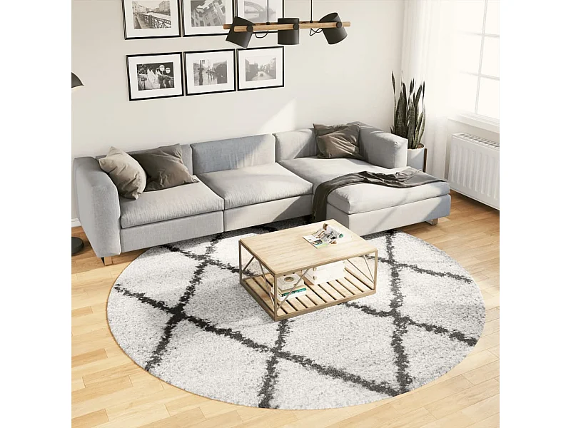 Alfombra de pelo largo moderna crema y negro Ø 240 cm