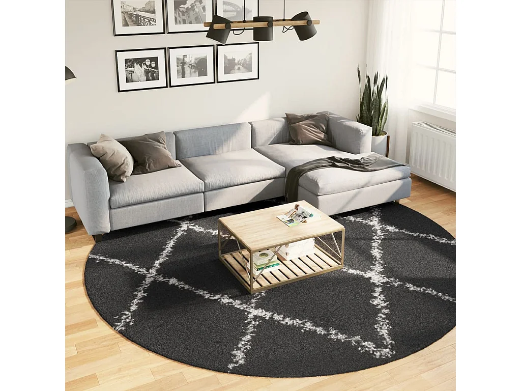 Tapete shaggy de pelo alto Ø 280 cm preto e creme