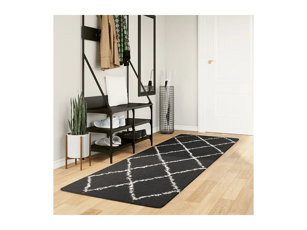 Alfombra de pelo largo moderna negro y crema 80x250 cm