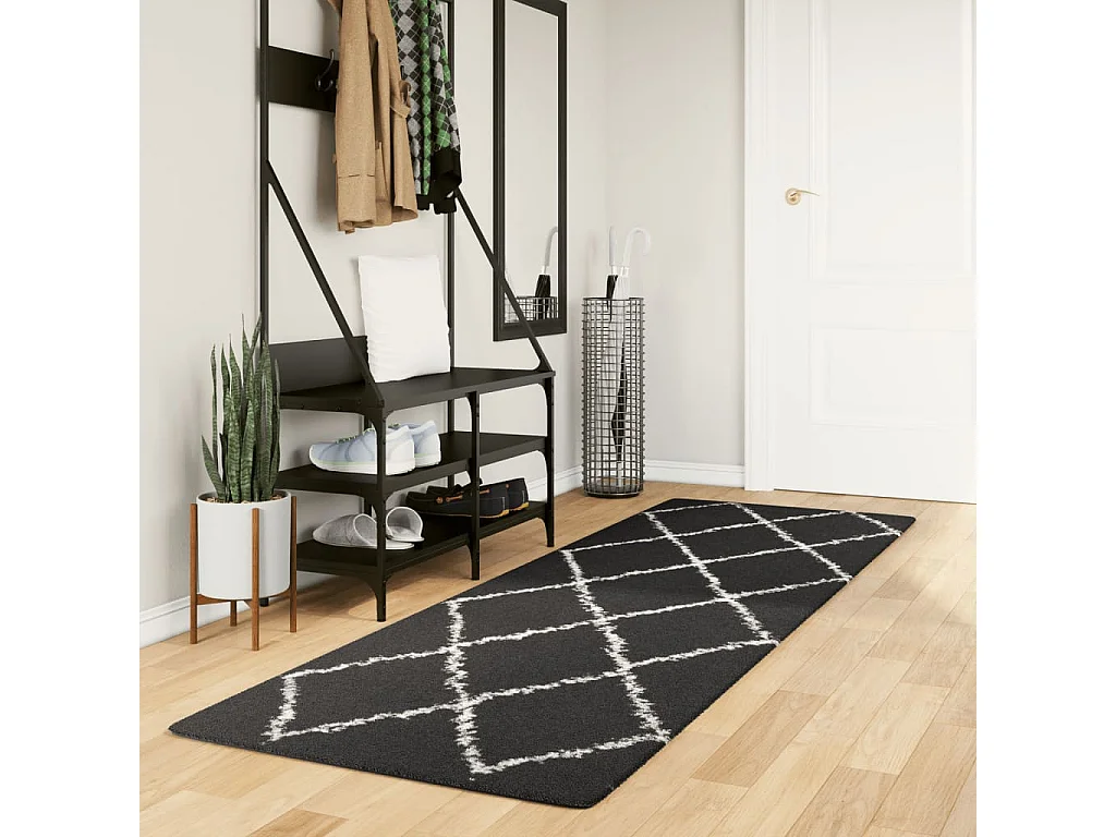 Tapis shaggy à poils longs moderne noir et crème 80x250 cm