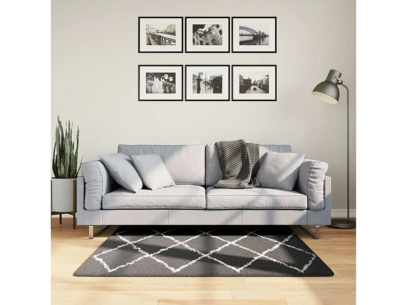Alfombra de pelo largo moderna negro y crema 120x120 cm