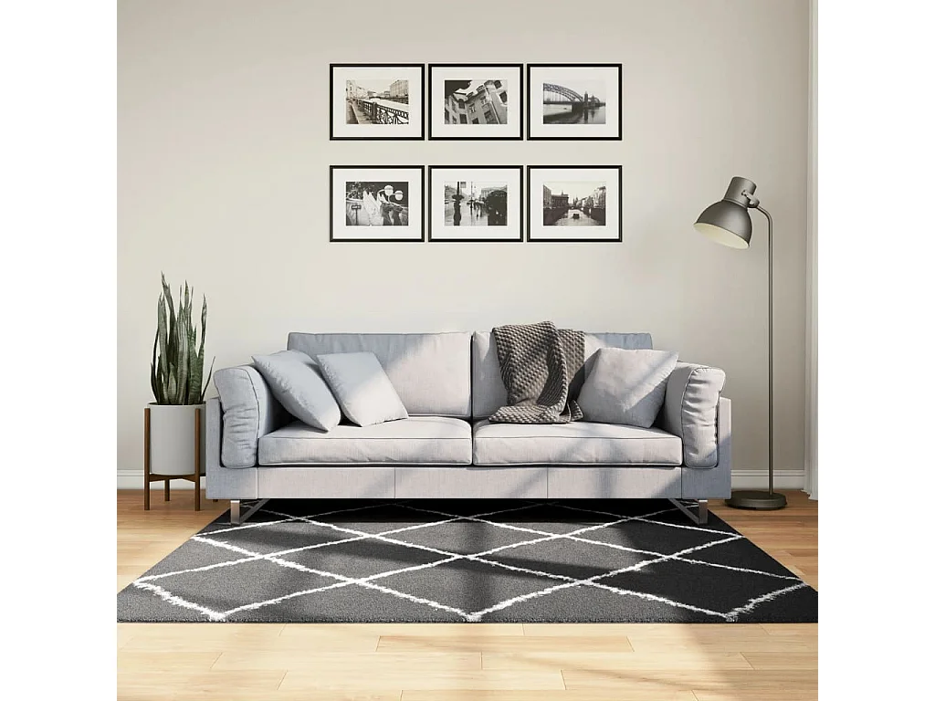Tapis shaggy à poils longs moderne noir et crème 160x160 cm