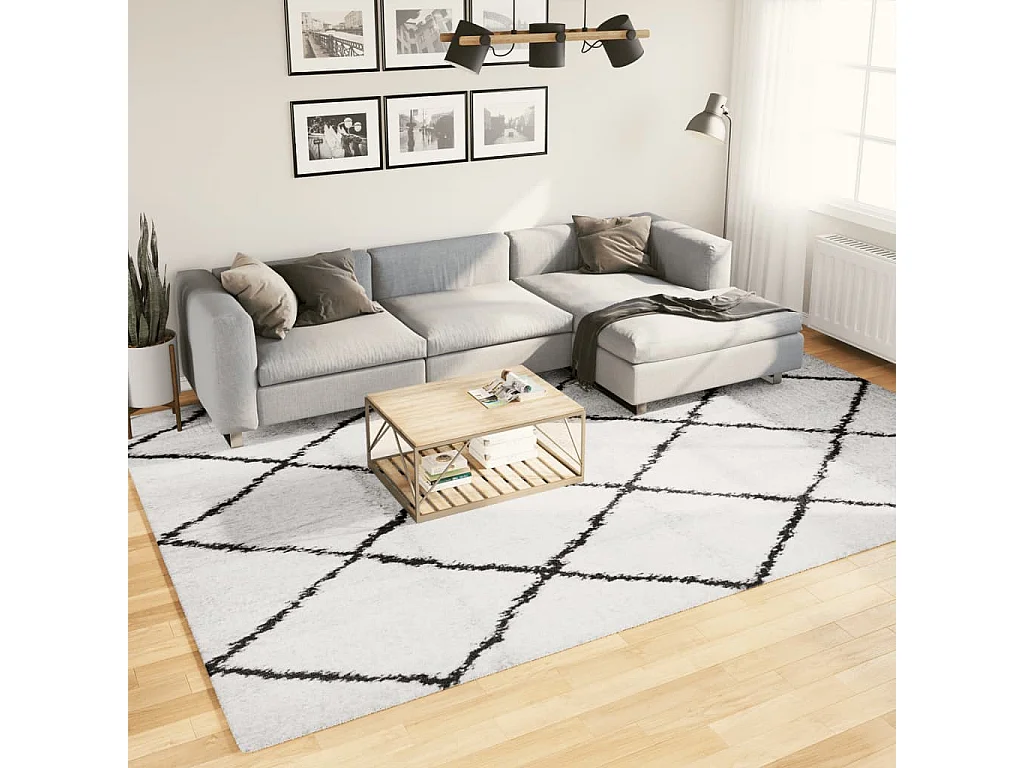 Tapis shaggy à poils longs moderne crème et noir 240x340 cm