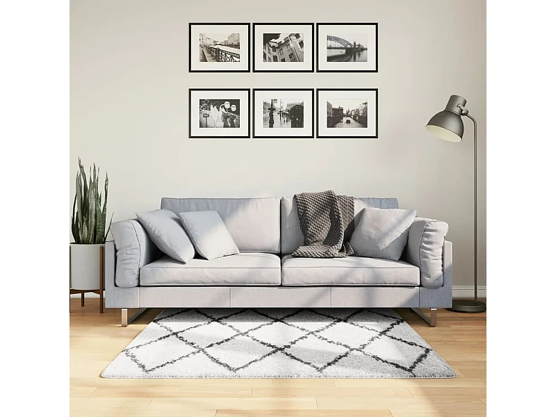 Tapis shaggy à poils longs moderne crème et noir 120x120 cm