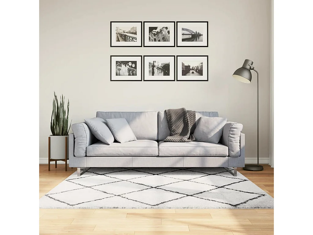 Tapis shaggy à poils longs moderne crème et noir 160x160 cm