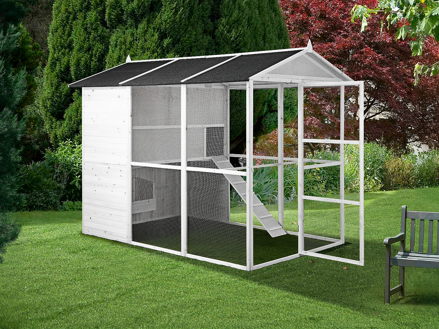 Poulailler en bois avec enclos - 10 poules - L. 266 x P. 174 x H. 205 cm - Blanc - FERAS