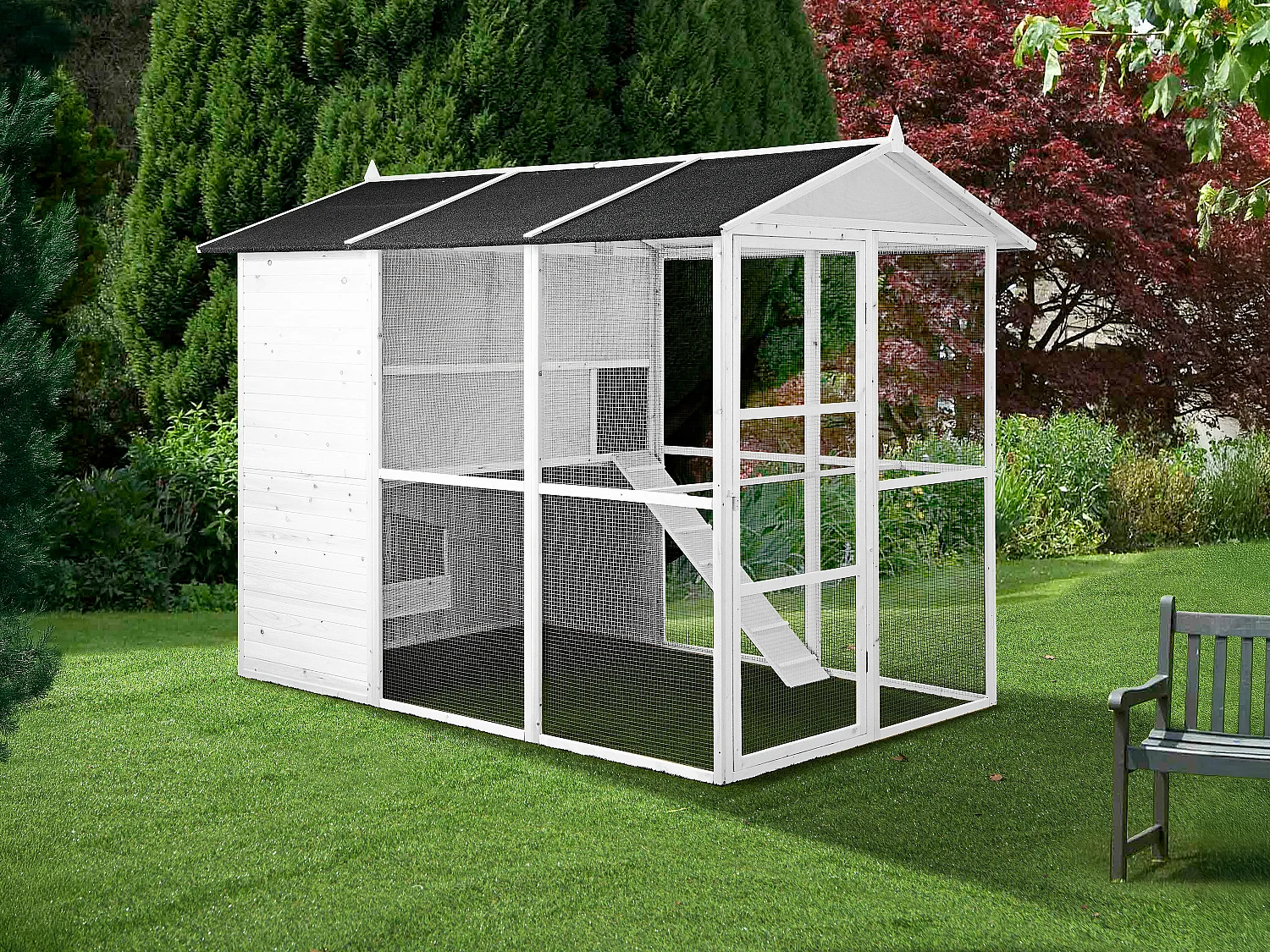 Poulailler en bois avec enclos - 10 poules - L. 266 x P. 174 x H. 205 cm - Blanc - FERAS