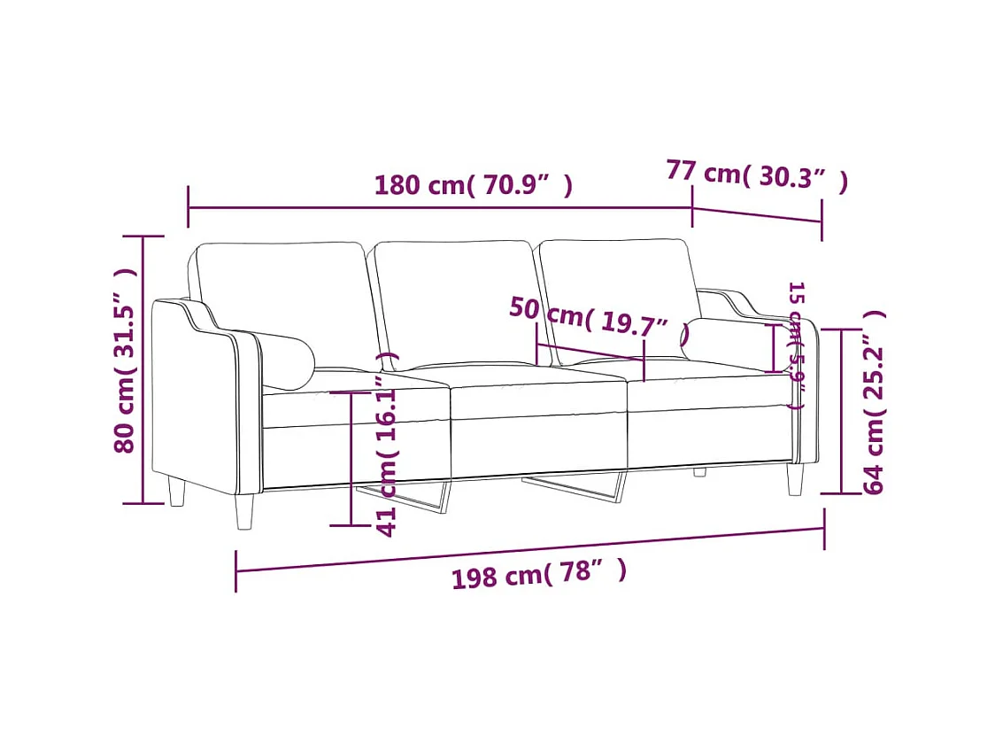 Driezitsbank met sierkussens 180 cm stof zwart