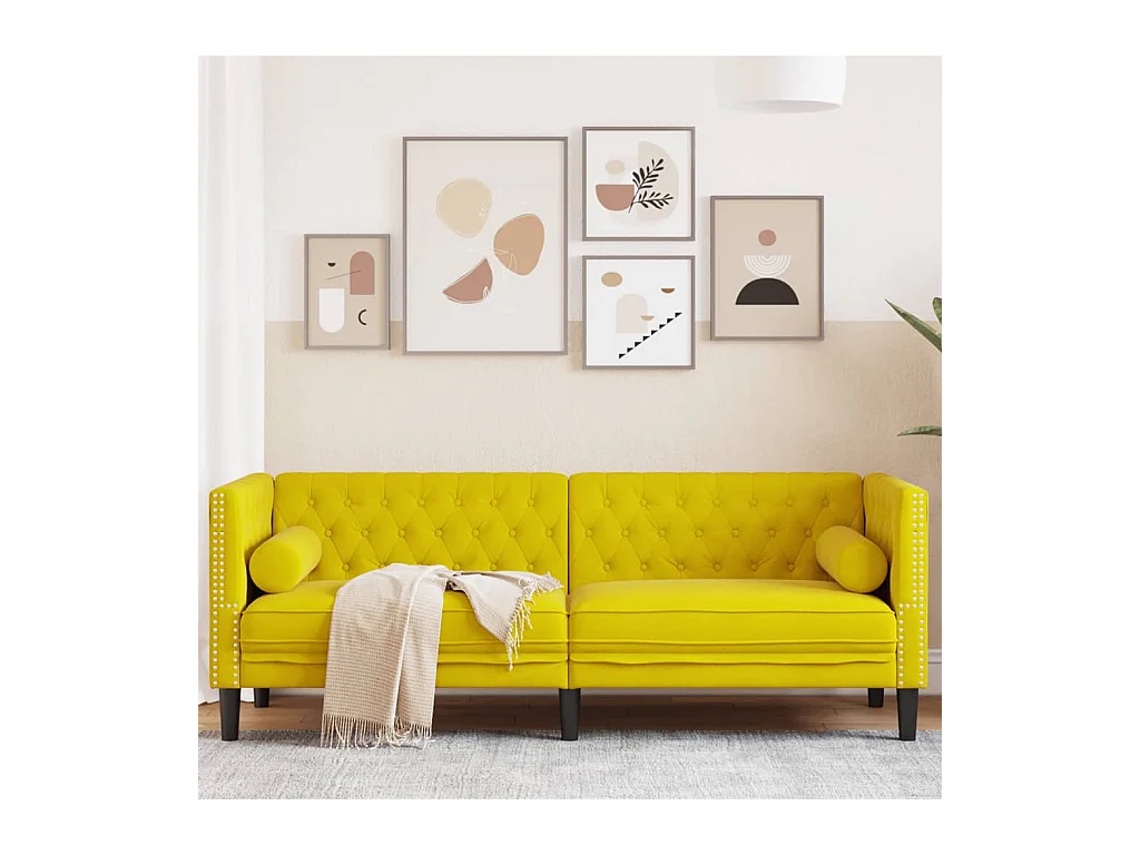 Canapé Chesterfield avec traversins 3 places jaune velours