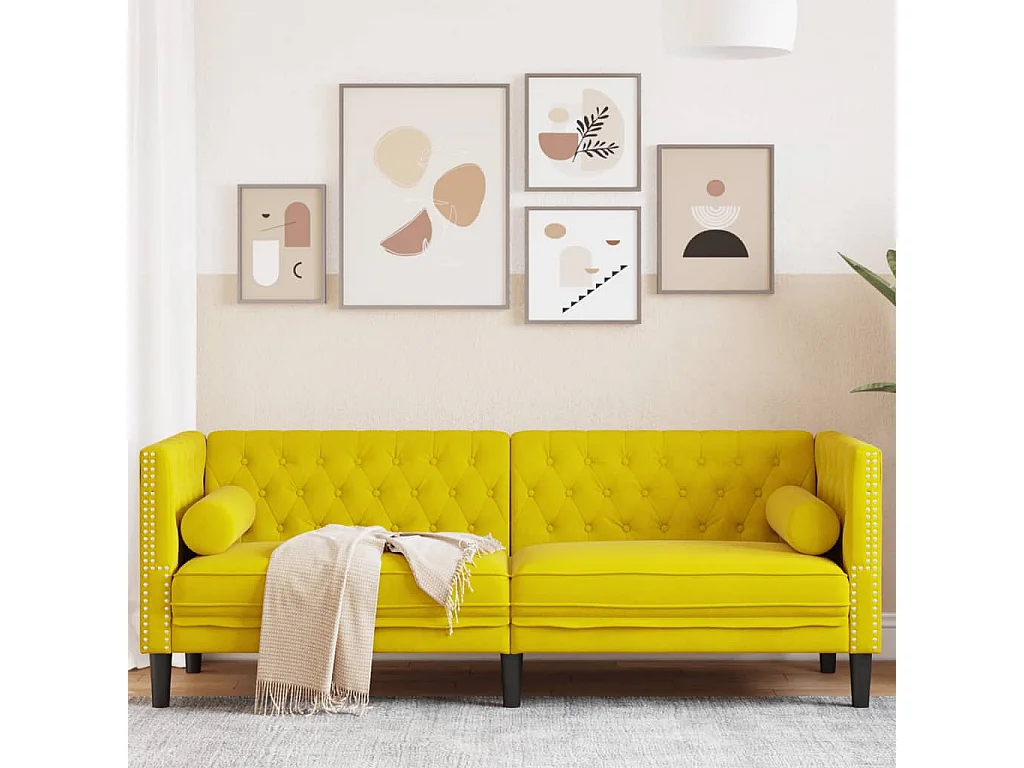Canapé Chesterfield avec traversins 3 places jaune velours