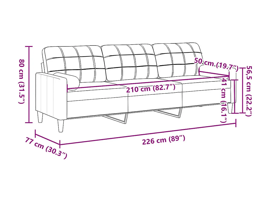 Canapé 3 places avec oreillers décoratifs rose 210 cm velours