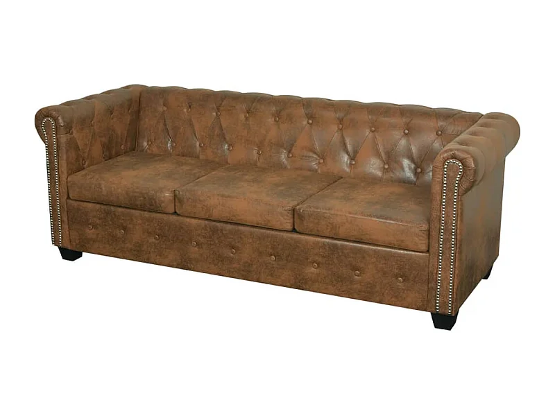 Sofá Chesterfield 3 lugares couro artificial castanho