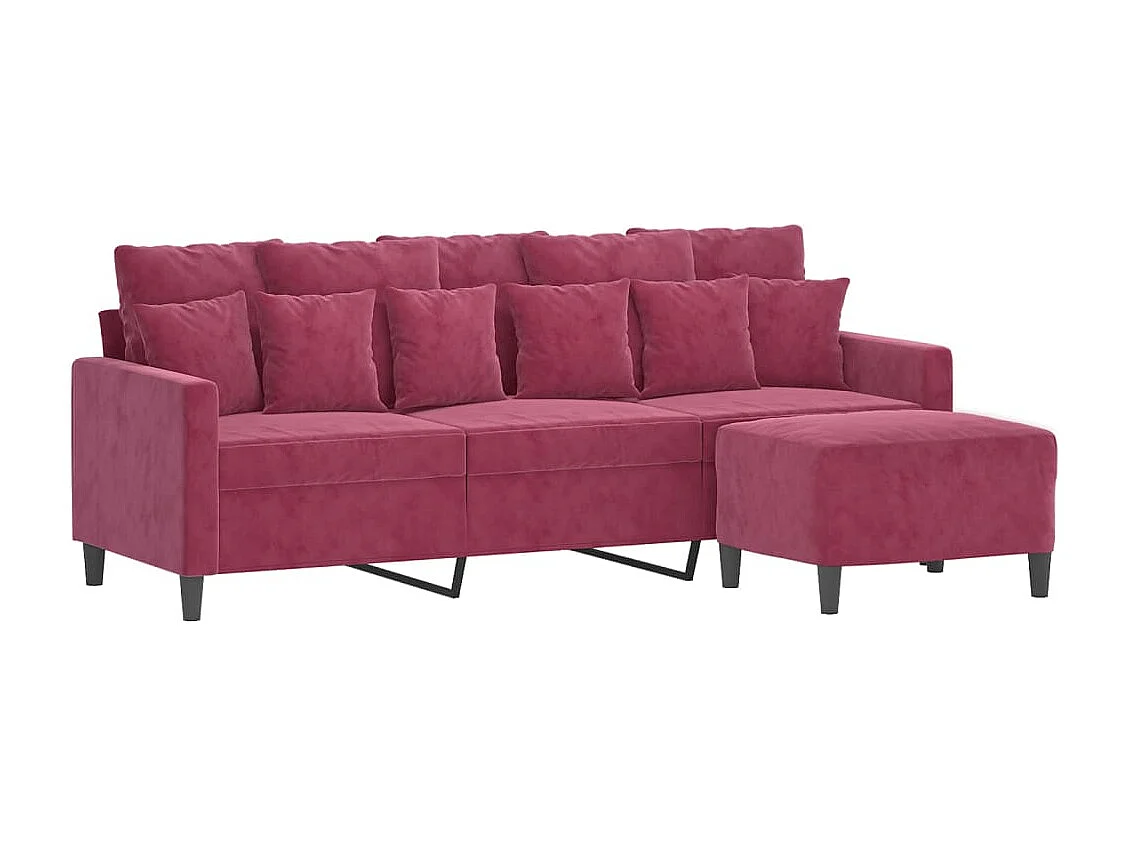 Driezitsbank met voetenbank 180 cm fluweel wijnrood
