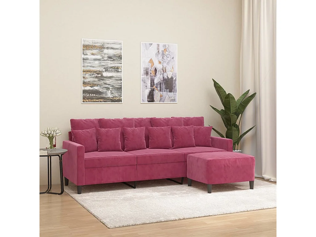 Sofá de 3 lugares com apoio de pés 180 cm veludo vermelho tinto