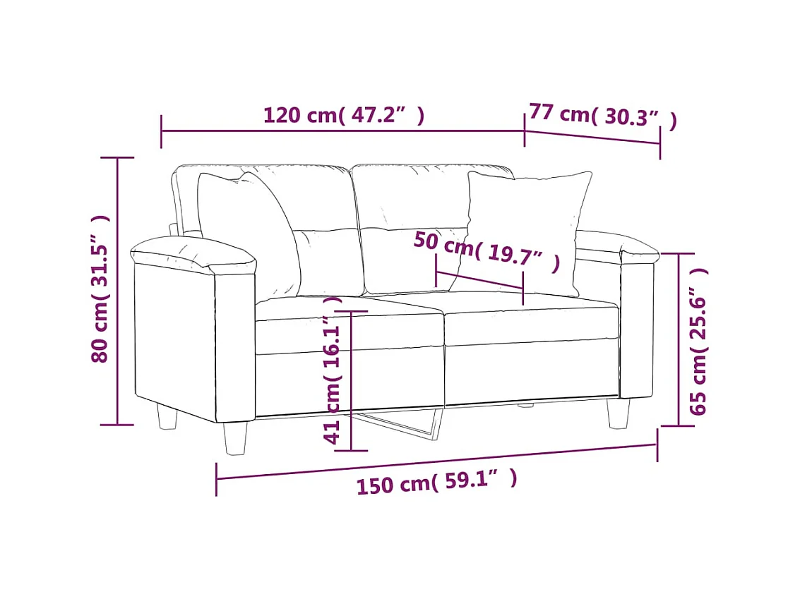 Canapé 2 places avec oreillers crème 120 cm similicuir