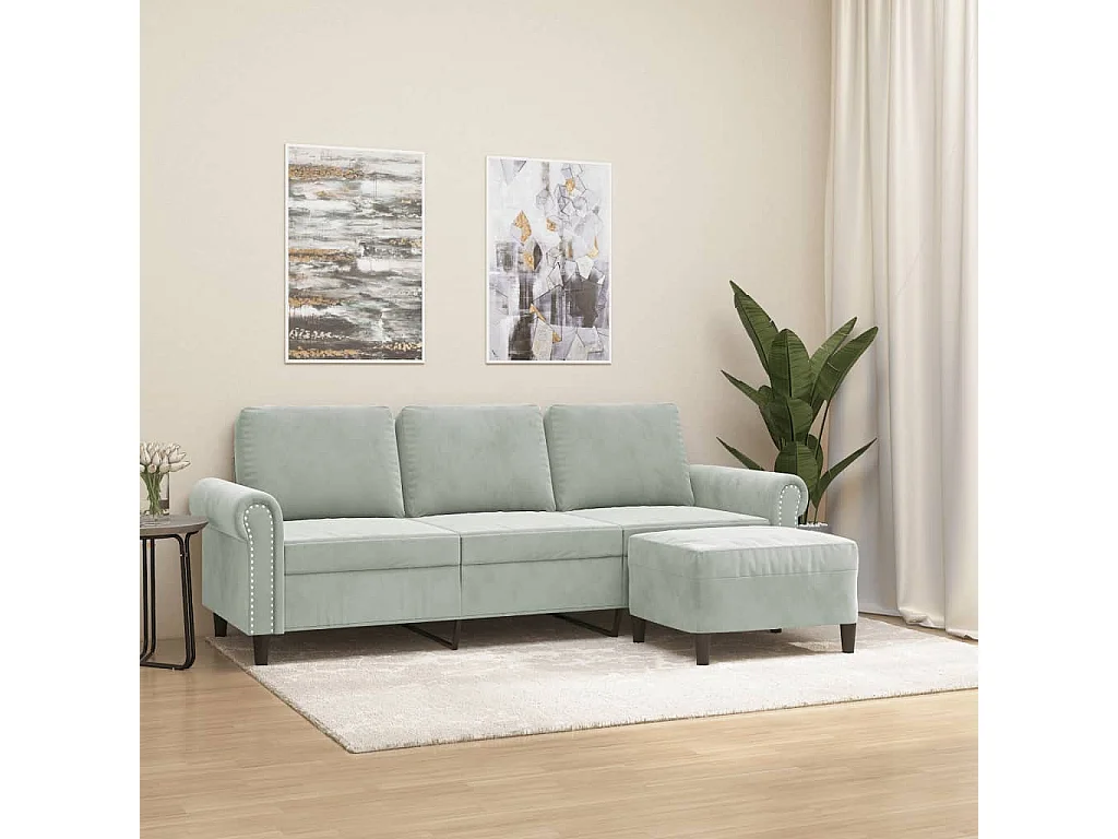 Sofá de 3 lugares com apoio de pés 180 cm veludo cinzento-claro