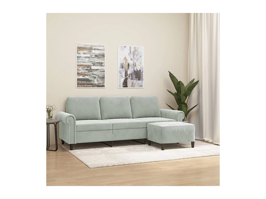 Canapé à 3 places avec repose-pieds Gris clair 180 cm Velours