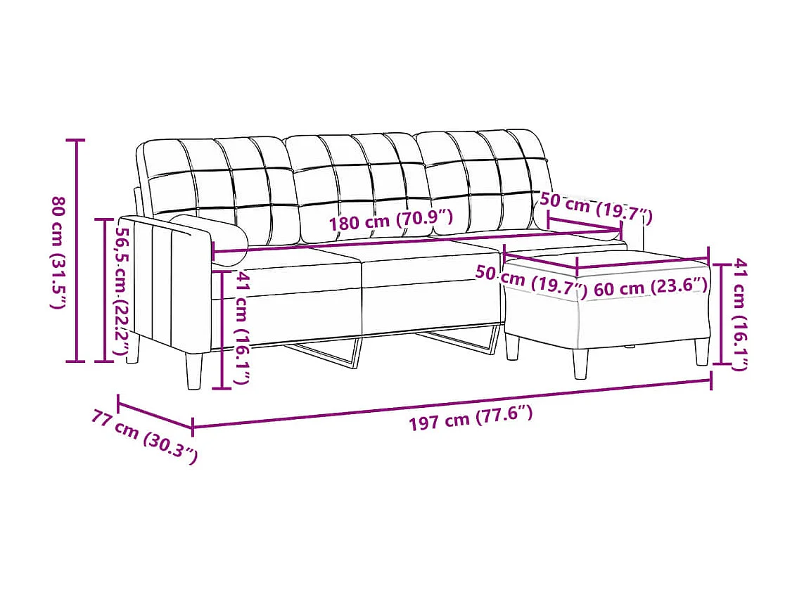 Canapé à 3 places avec repose-pieds Rose 180 cm Velours