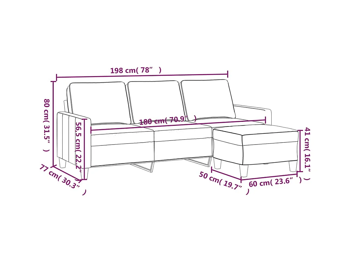 Driezitsbank met voetenbank 180 cm stof lichtgeel