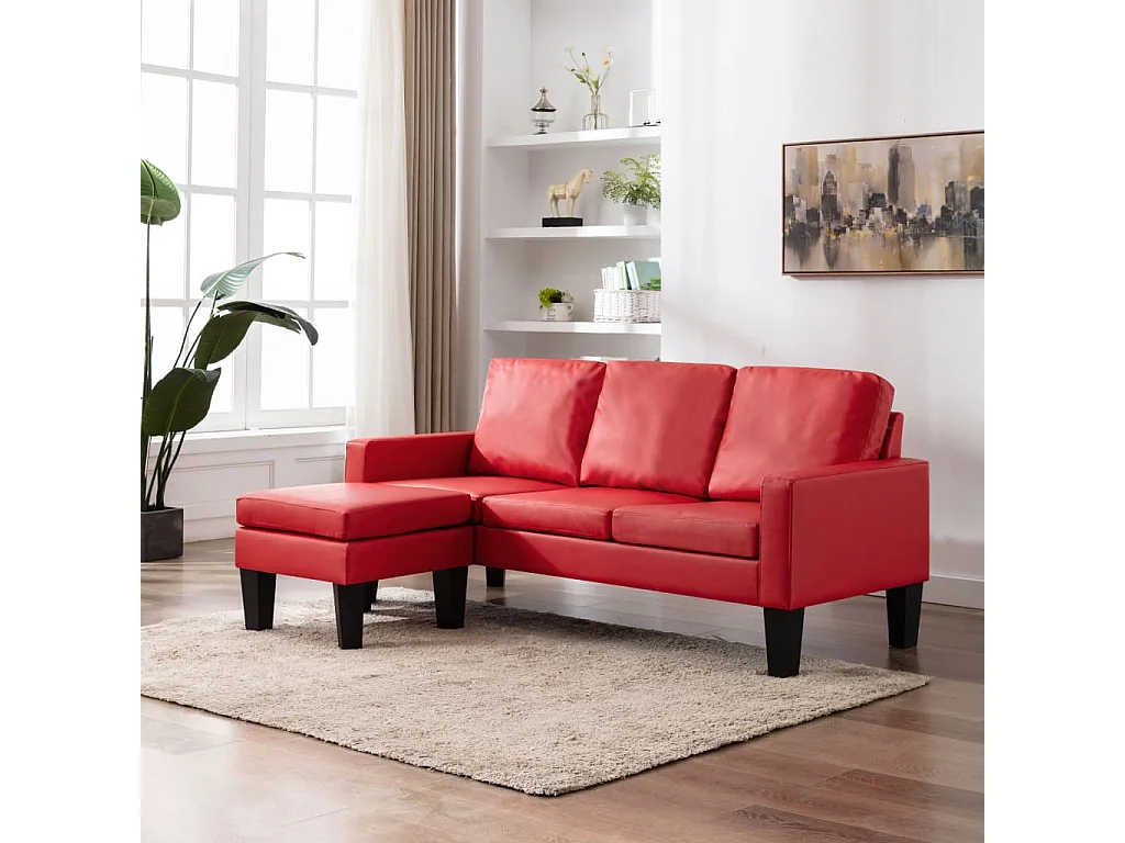 Driezitsbank met voetenbank kunstleer rood