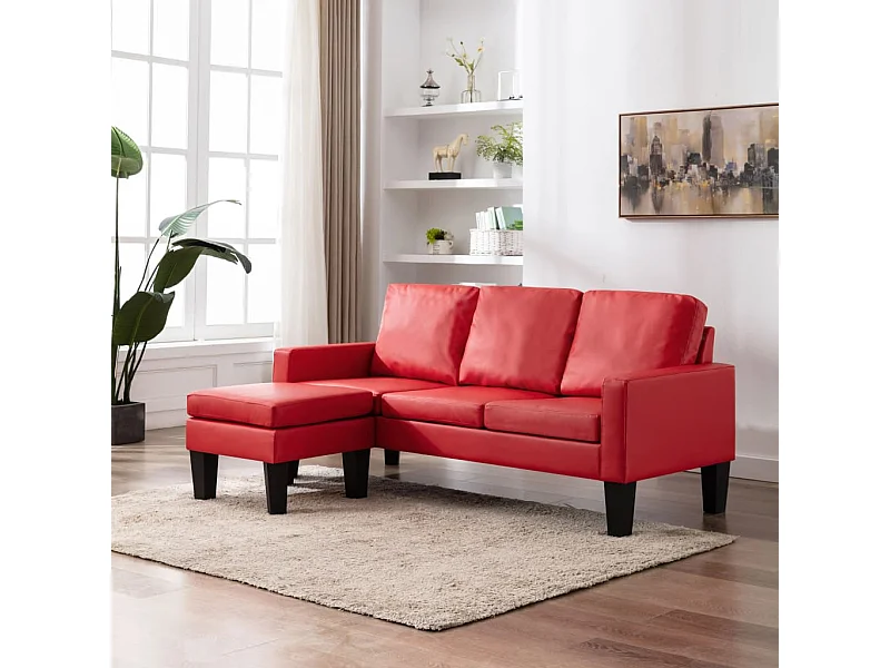 Sofá de 3 lugares c/ apoio de pés couro artificial vermelho