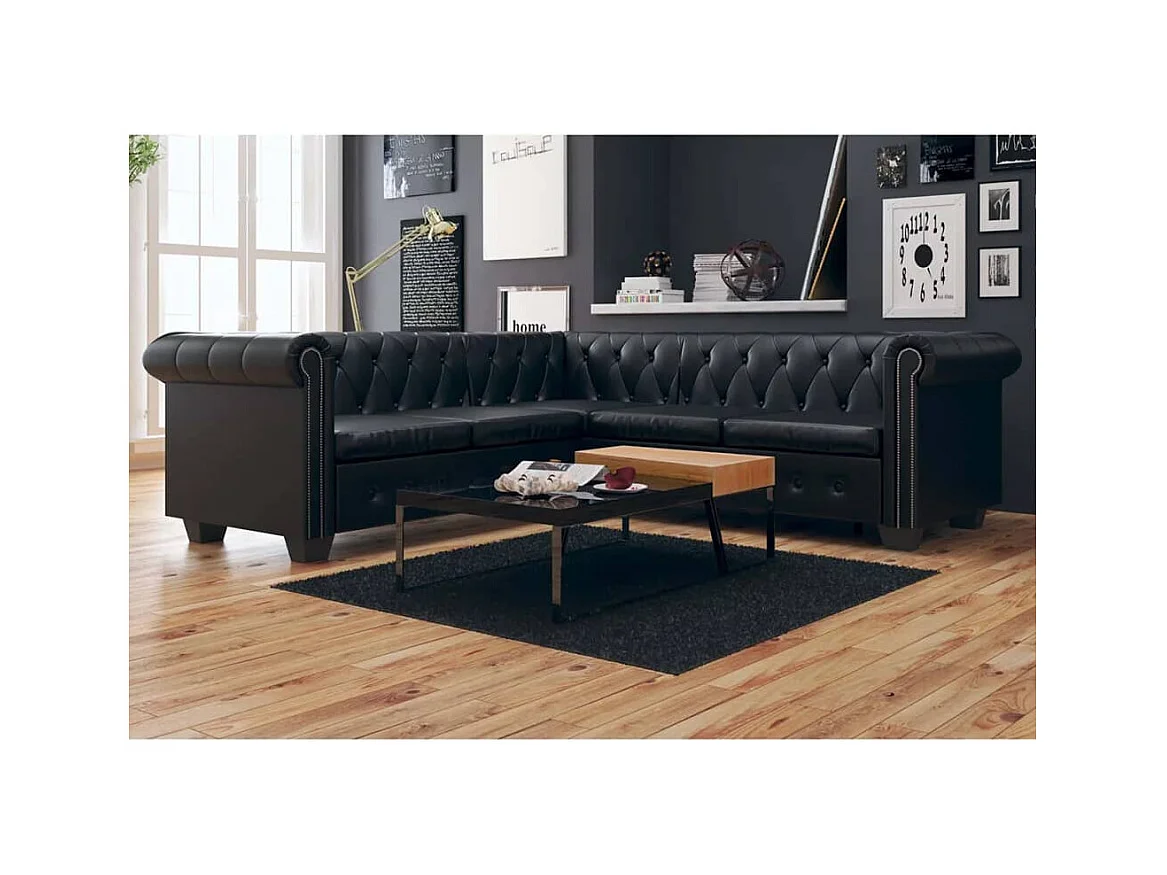 Canapé d'angle Chesterfield 5 places Cuir synthétique Noir