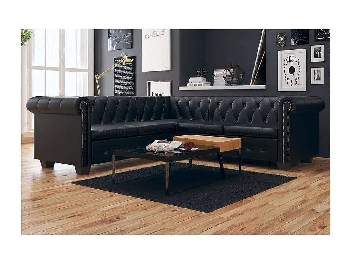 Canapé d'angle Chesterfield 5 places Cuir synthétique Noir