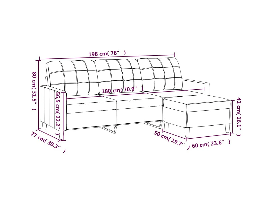Canapé à 3 places avec repose-pieds Crème 180 cm Tissu