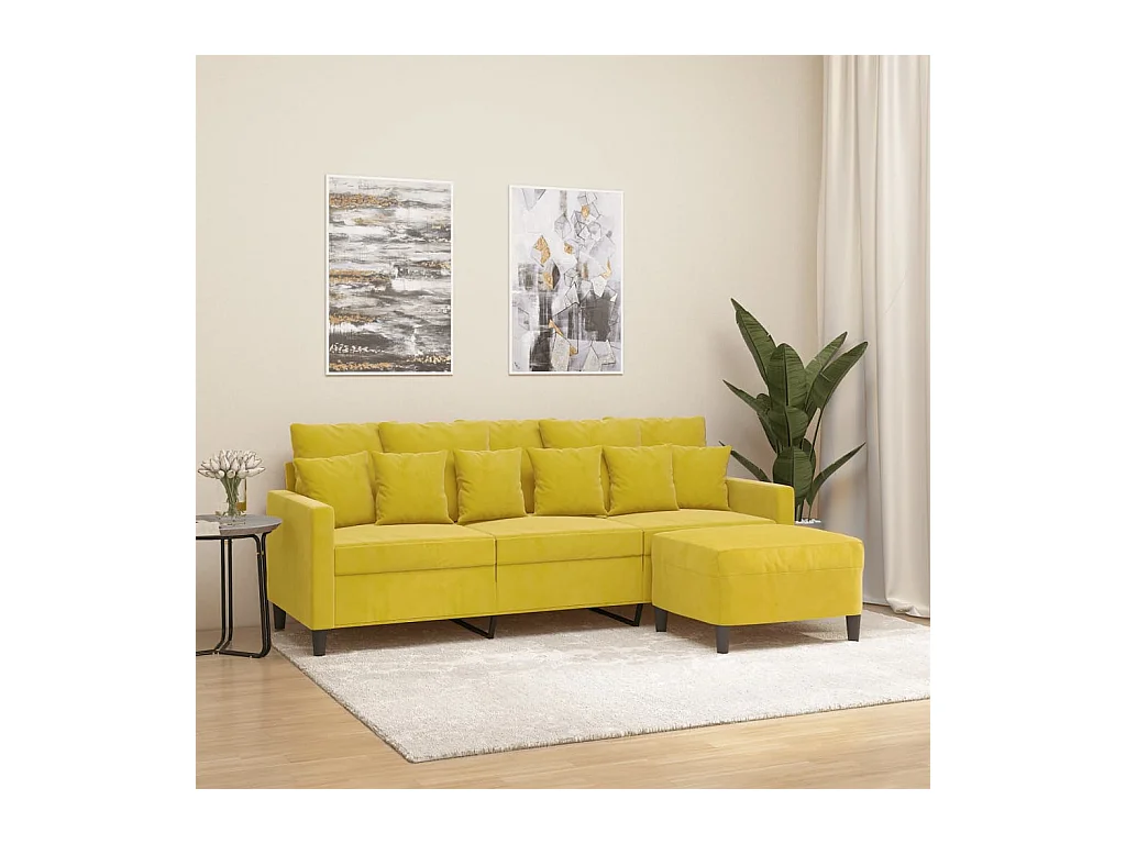 Canapé à 3 places avec repose-pieds jaune 180 cm velours