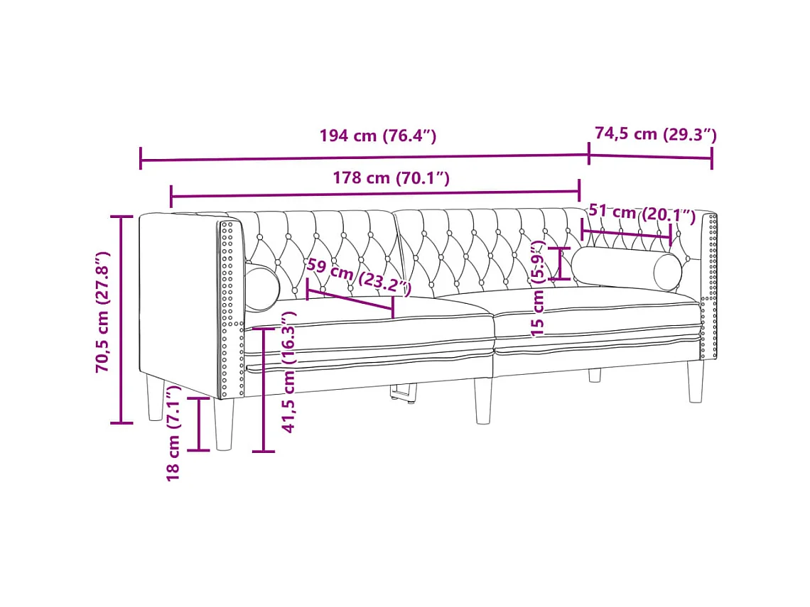 Canapé Chesterfield avec traversins 3 places bleu velours