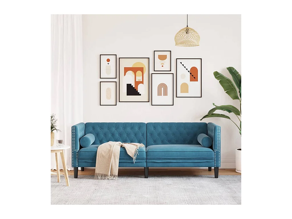 Canapé Chesterfield avec traversins 3 places bleu velours
