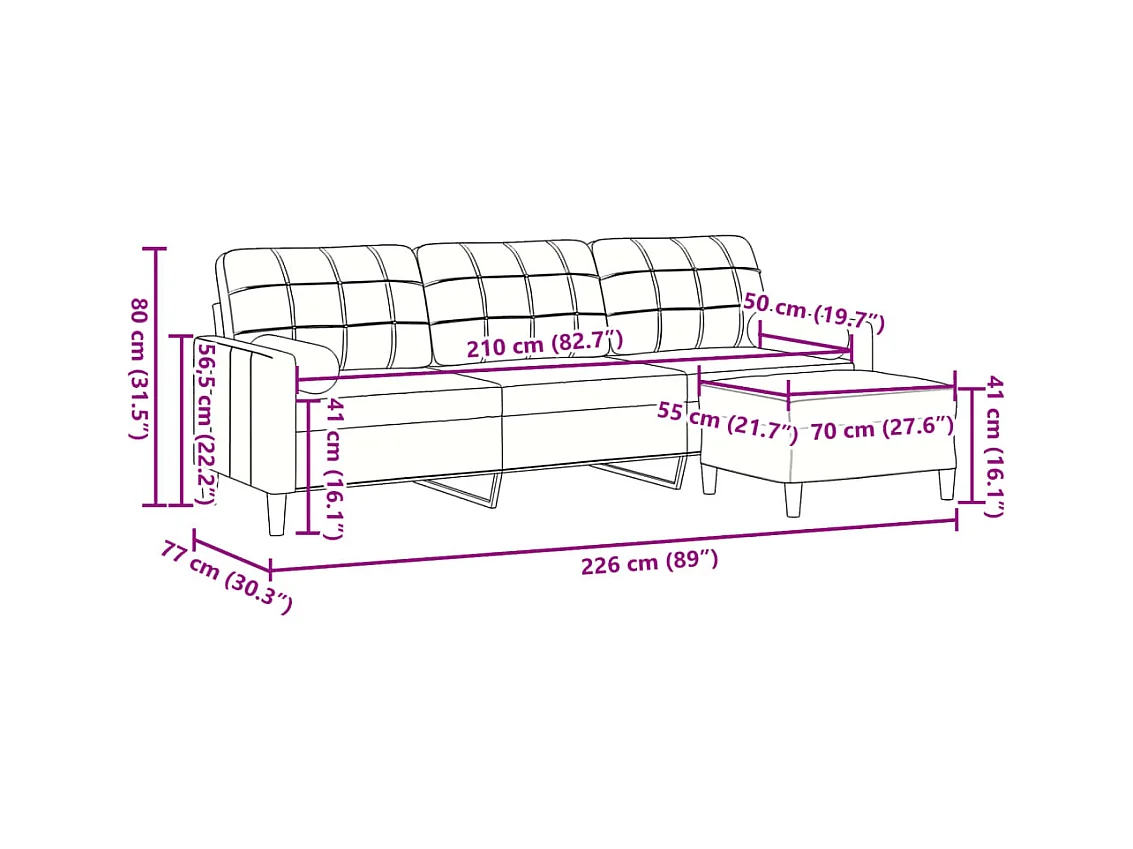 Canapé à 3 places et repose-pieds Rouge bordeaux 210 cm Velours