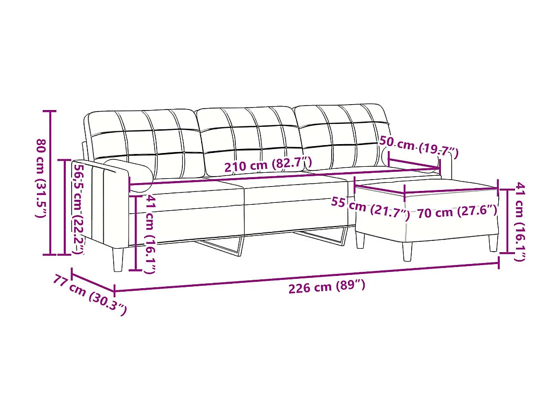 Driezitsbank met voetenbank 210 cm fluweel wijnrood