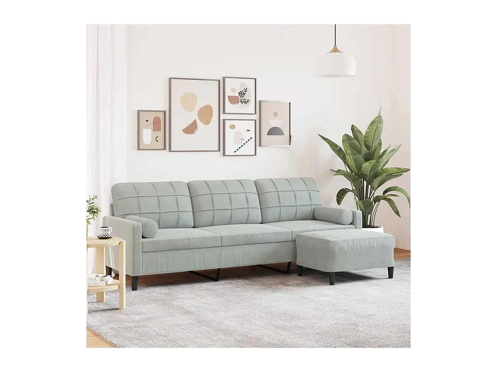 Sofá de 3 plazas con taburete de terciopelo gris claro 210 cm