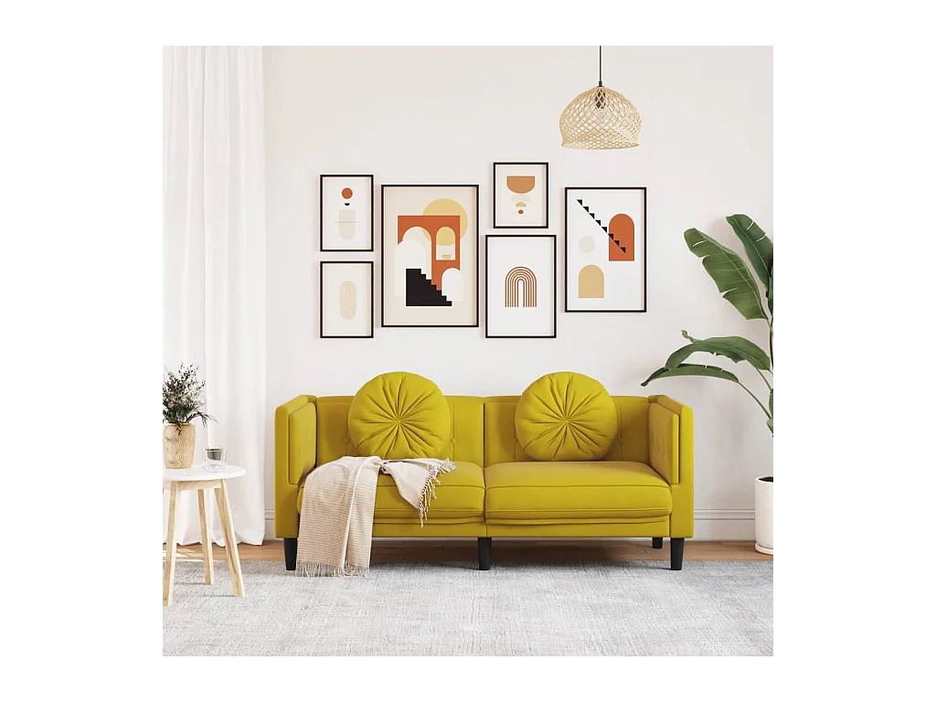 Canapé avec coussins 2 places jaune velours