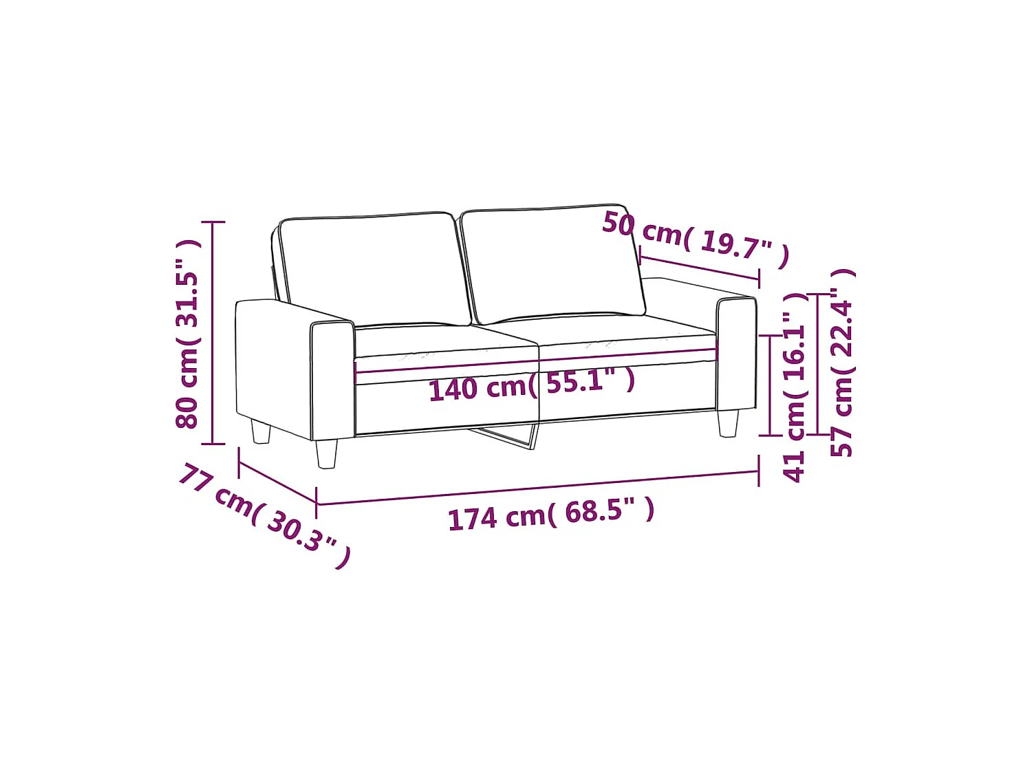 Sofá de 2 lugares tecido 140 cm cinzento-acastanhado