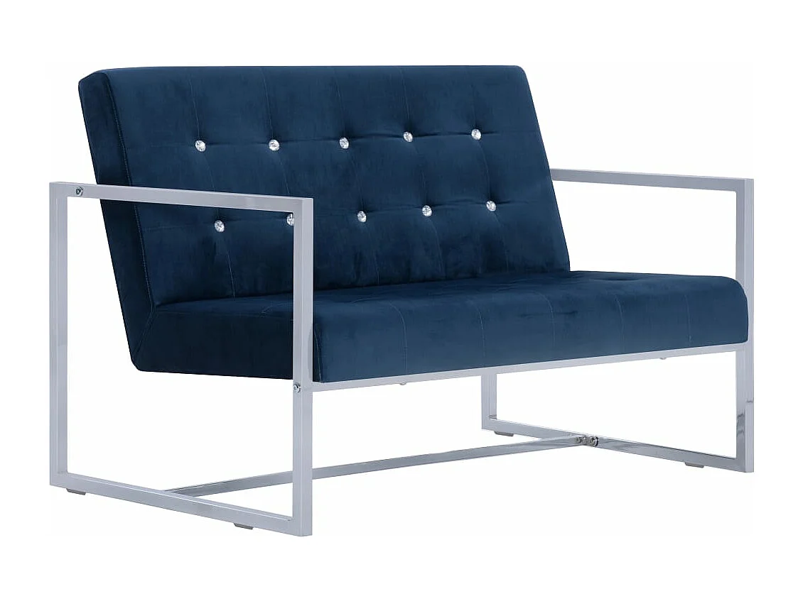 Tweezitsbank met armleuningen chroom en fluweel blauw