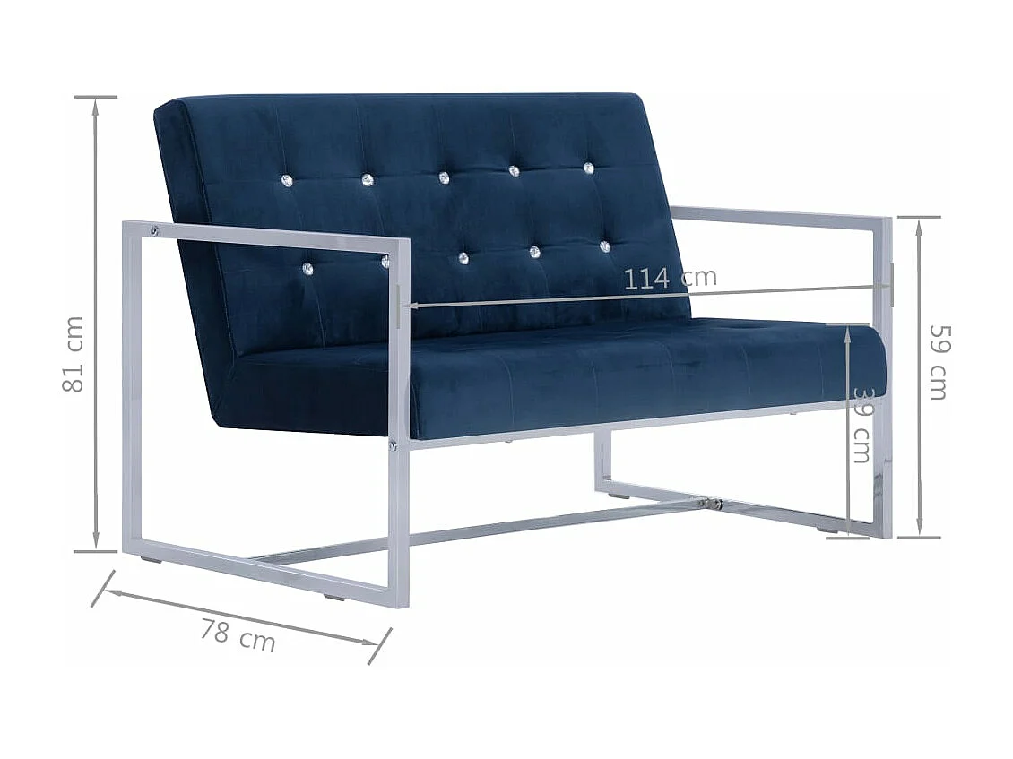 Tweezitsbank met armleuningen chroom en fluweel blauw