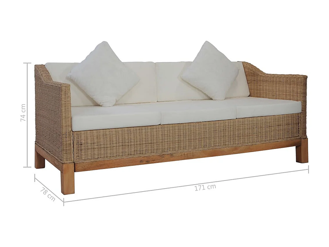 Canapé à 3 places avec coussins Rotin naturel