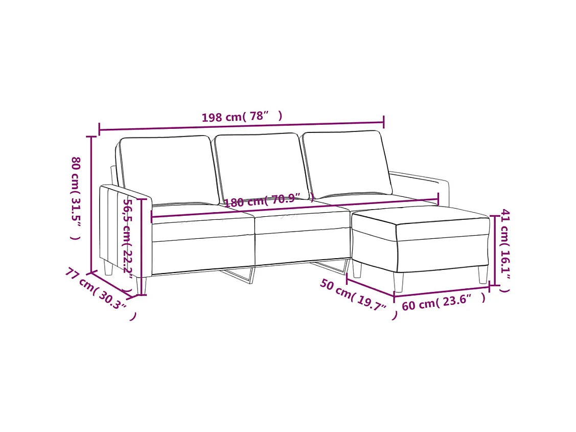 Canapé à 3 places et repose-pieds Rouge bordeaux 180 cm Velours