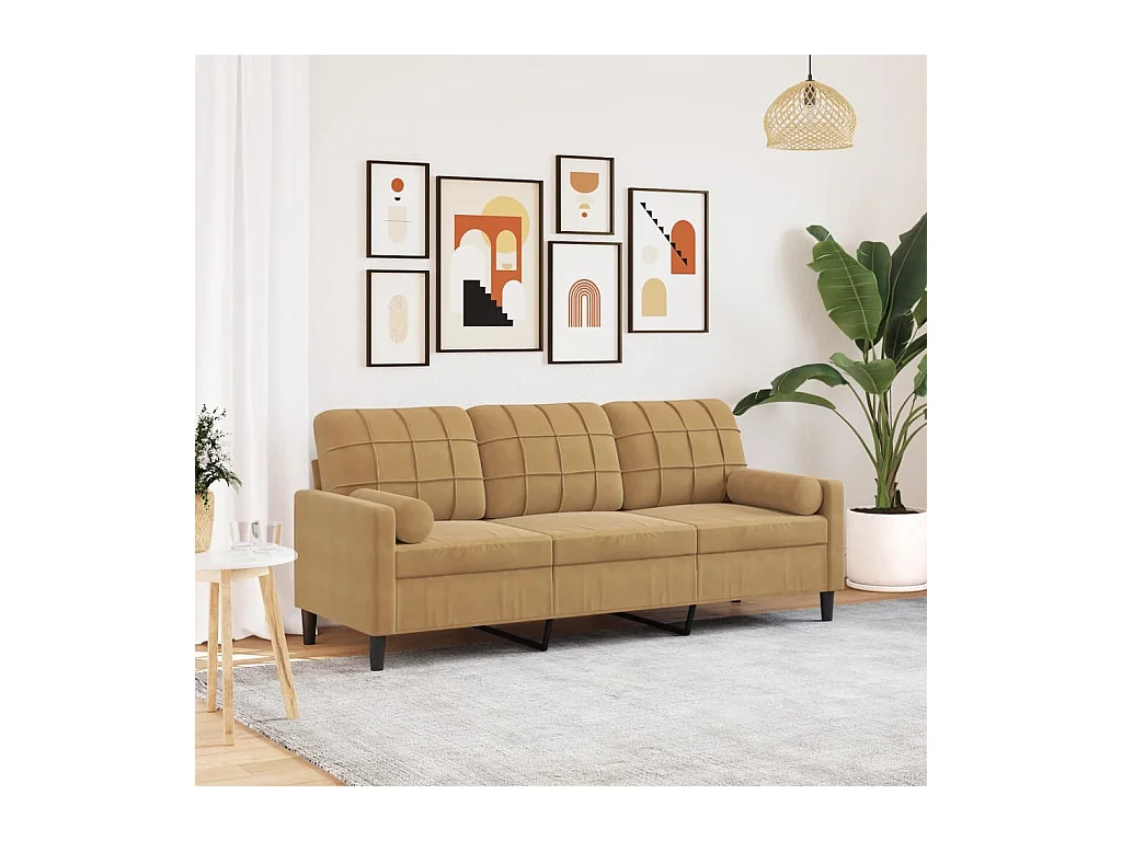 Canapé 3 places avec oreillers décoratifs marron 180 cm velours