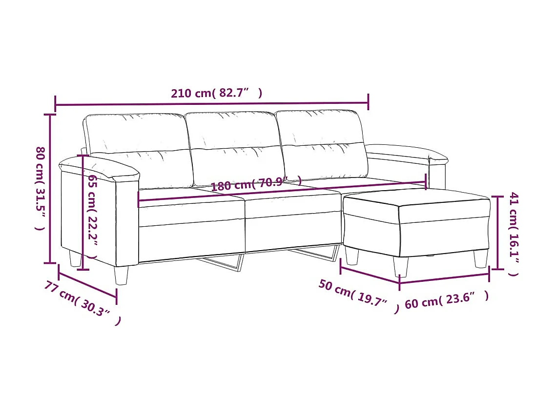 Canapé 3 places avec repose-pieds Noir 180 cm Tissu microfibre