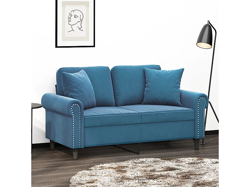 Sofá 2 lugares c/ almofadas decorativas 120 cm veludo azul