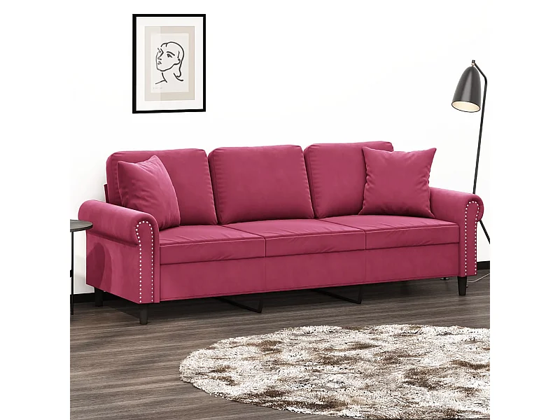 Sofá de 3 plazas con cojines terciopelo rojo tinto 180 cm