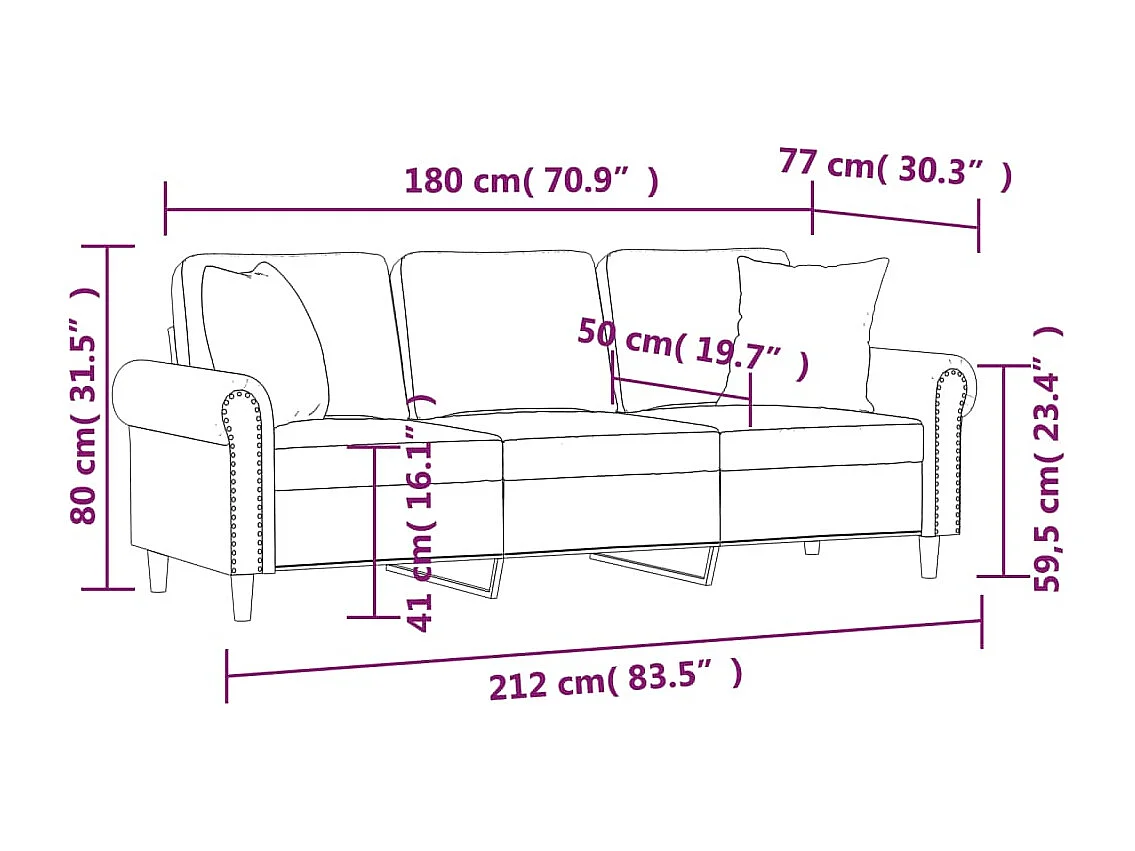Canapé 3 places avec oreillers bordeaux 180 cm velours