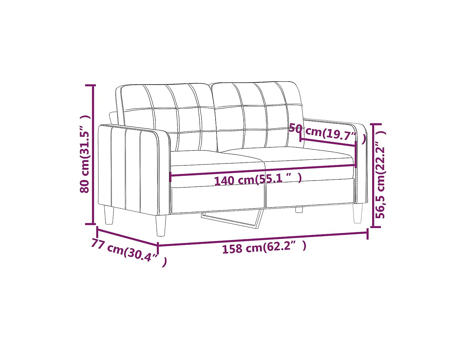 Canapé à 2 places Rouge bordeaux 140 cm Tissu