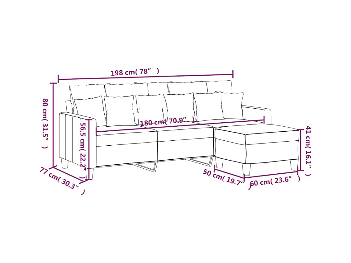 Canapé à 3 places avec repose-pieds Gris foncé 180 cm Tissu