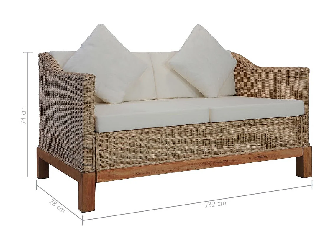 Tweezitsbank met kussens natuurlijk rattan