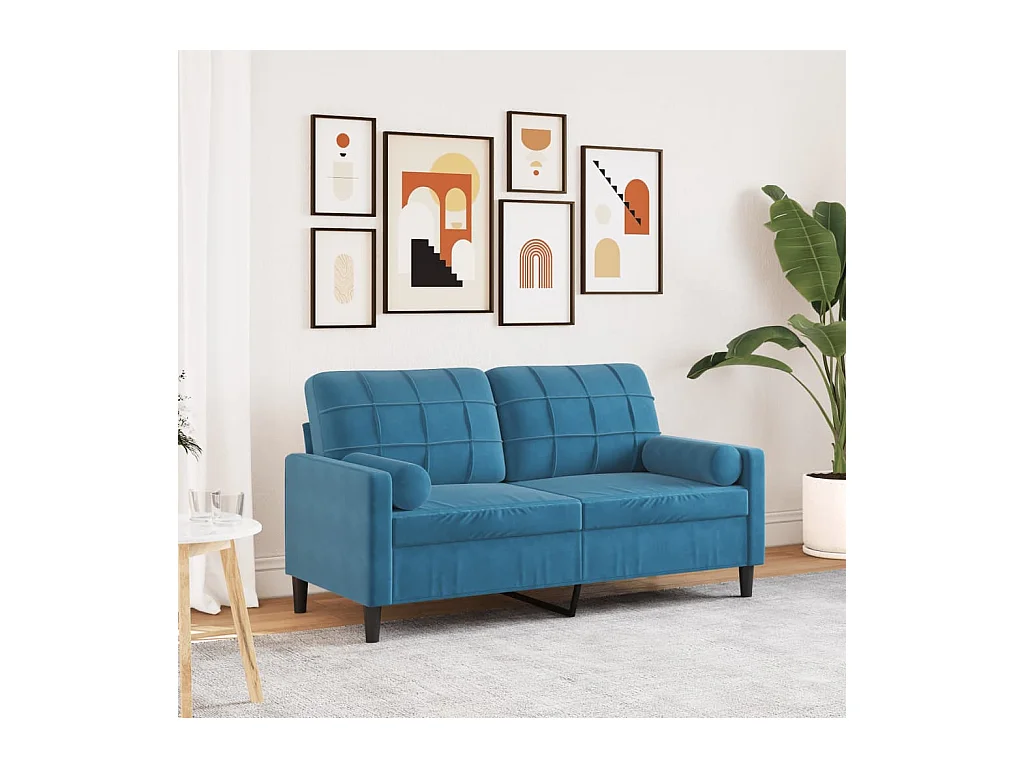 Canapé 2 places avec oreillers décoratifs bleu 140 cm velours